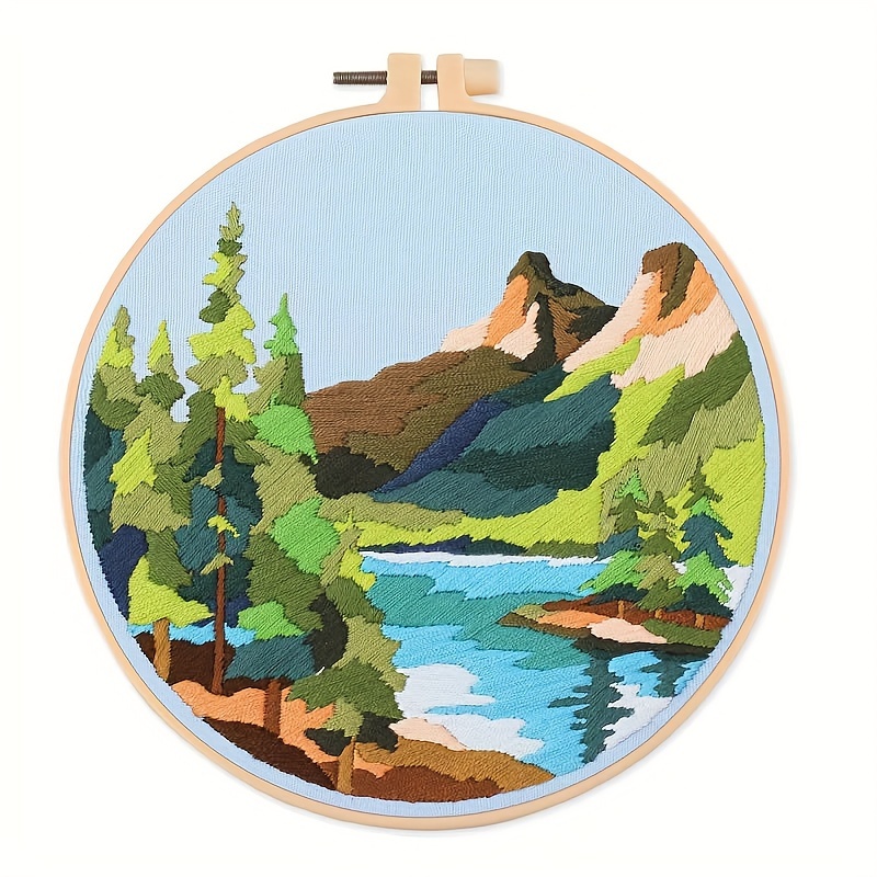 Embroidery Kit Scenery Mountains Rivers Trees Pattern - Temu