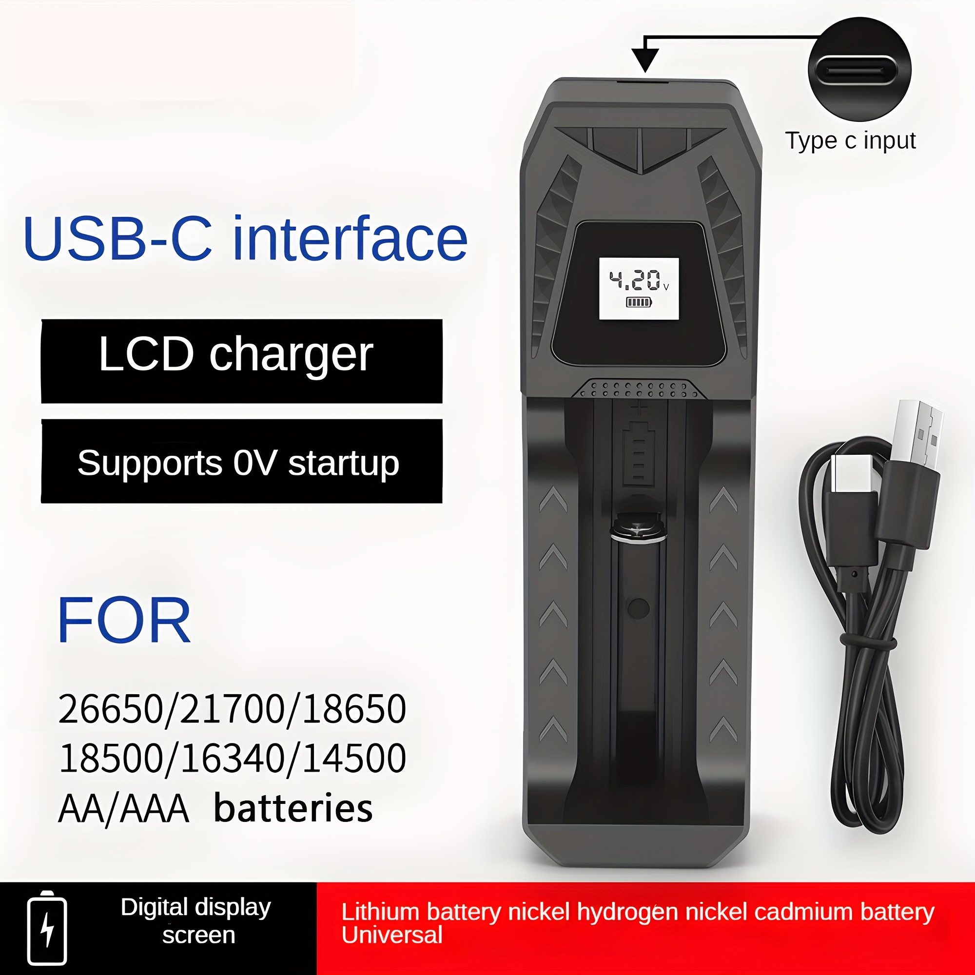 18650 Cargador de batería universal inteligente 18650 con indicador LED  para batería de iones de litio de 3.7 V 18650 21700 26650 18500 16650 14500