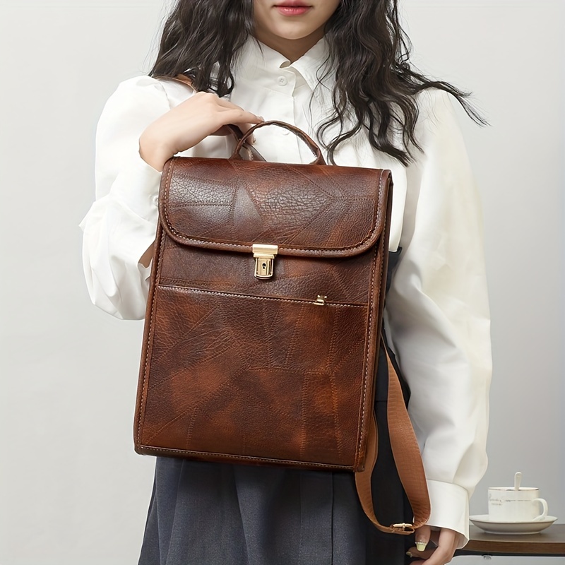 Vintage Style Flap Backpack PU Leather Schoolbag Top Handle Daypack
