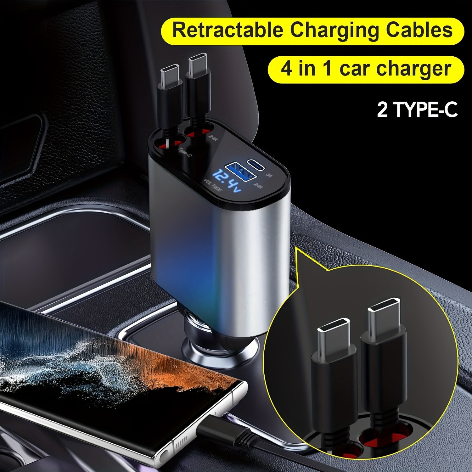 Car Charger 4 in 1 with Dual Retractable Cable Dual Port USB C PD Fast  Charging Car Cigarette Lighter Adapter with Voltage Display Compatible with