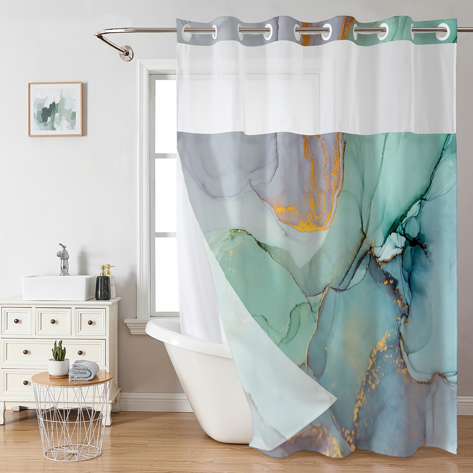 Juego de cortina de ducha de tejido gofre sin ganchos con forro de tela a  presión, estilo hotel con cortinas de ducha de malla transparente, doble