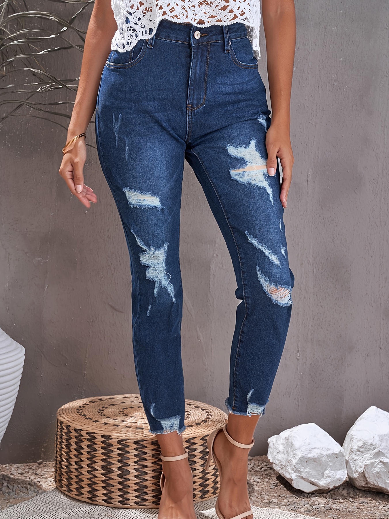 High Distressed High Stretchy Skinny Jeans High Waist - Temu