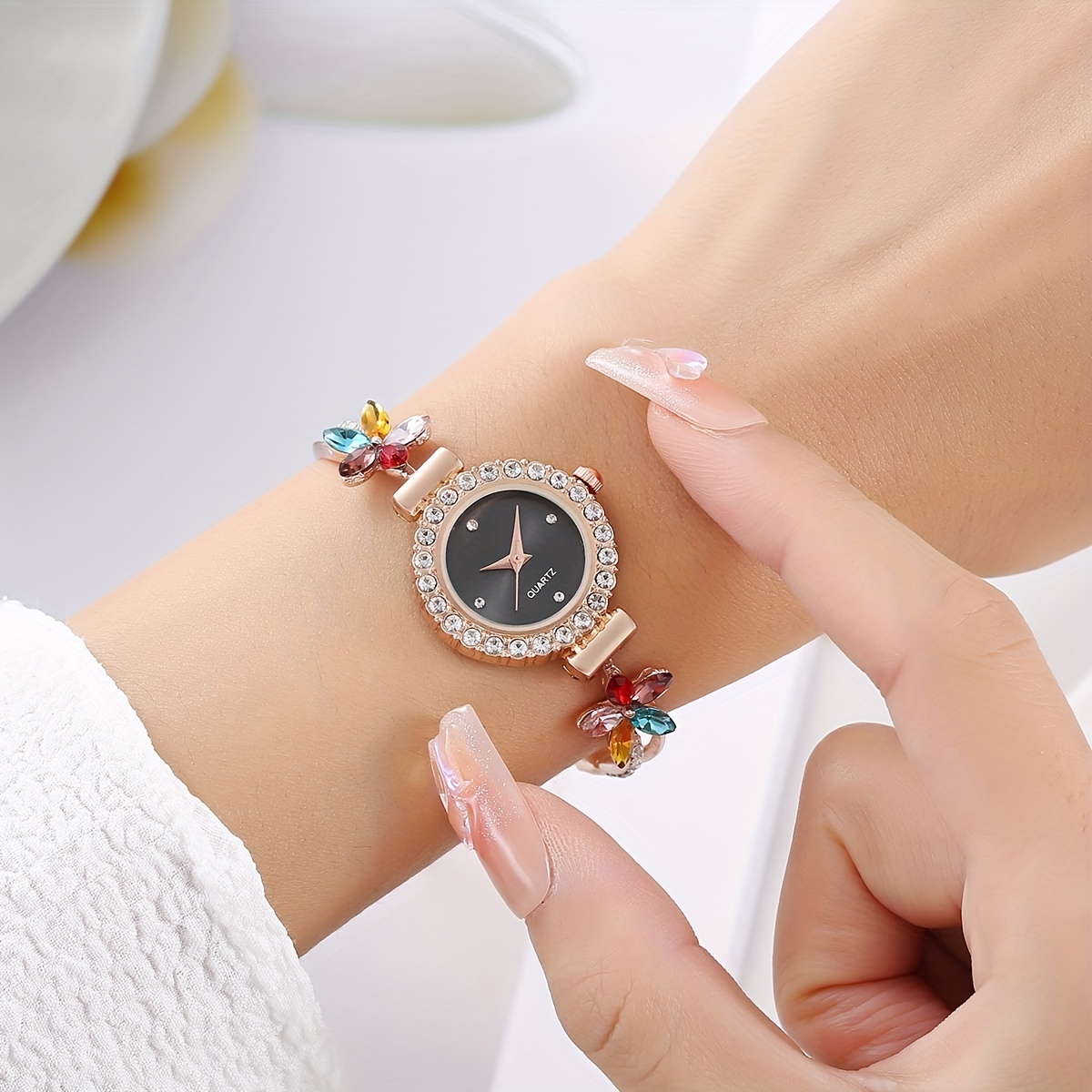 womens luxury rhinestone flower quartz watch colorful elegant fashion analog adjustable bracelet wrist watch 5