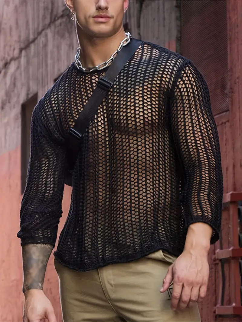 Festival Outfit For Men Mesh Black Long Sleeves See Through Top Crochet  Party Beachwear Night Club Burning Man Men's Mesh Clothing