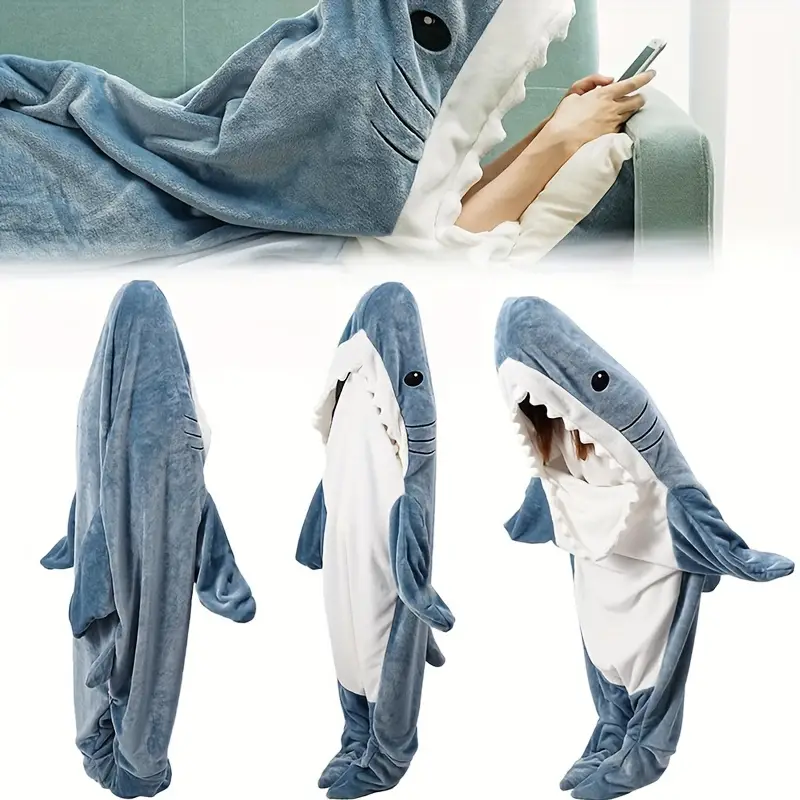 1pc shark loungewear pajamas multifunctional blanket thickened warm home wearable blanket cartoon shark sleeping bag details 5