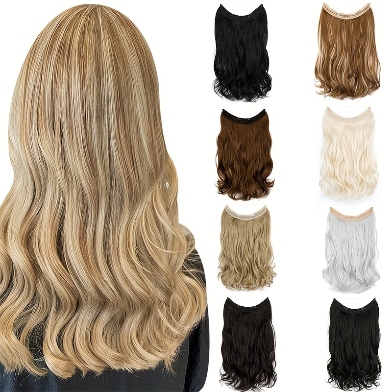 Long Wavy Invisible Wire Hair Extensions Synthetic Hairpiece With Transparent Wire Adjustable Size, Light Ash Brown With Blonde Highlights Hair