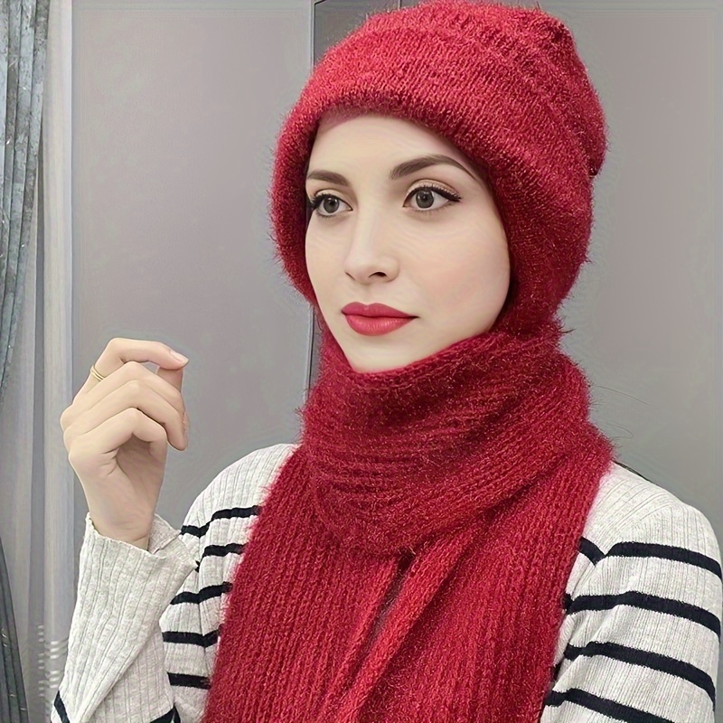 Winter Warm Beanie Hooded Scarf Solid Color Integrated Hat - Temu