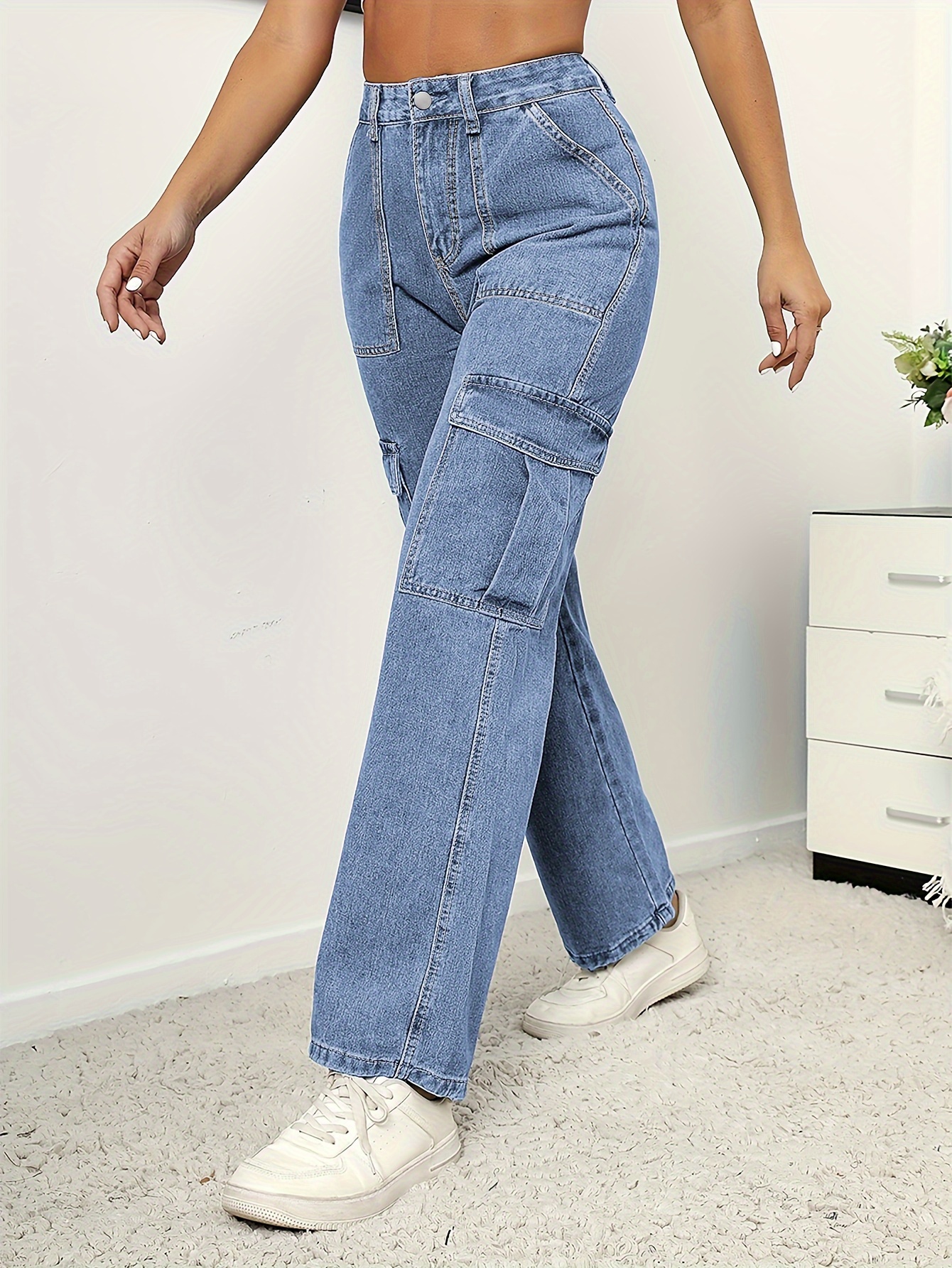 High Waist Flap Pockets Straight Legs Cargo Jeans, Casual Plicated Hem  Denim Long Trousers, Y2K Kpop Vintage Style, Women's Denim Jeans & Clothing