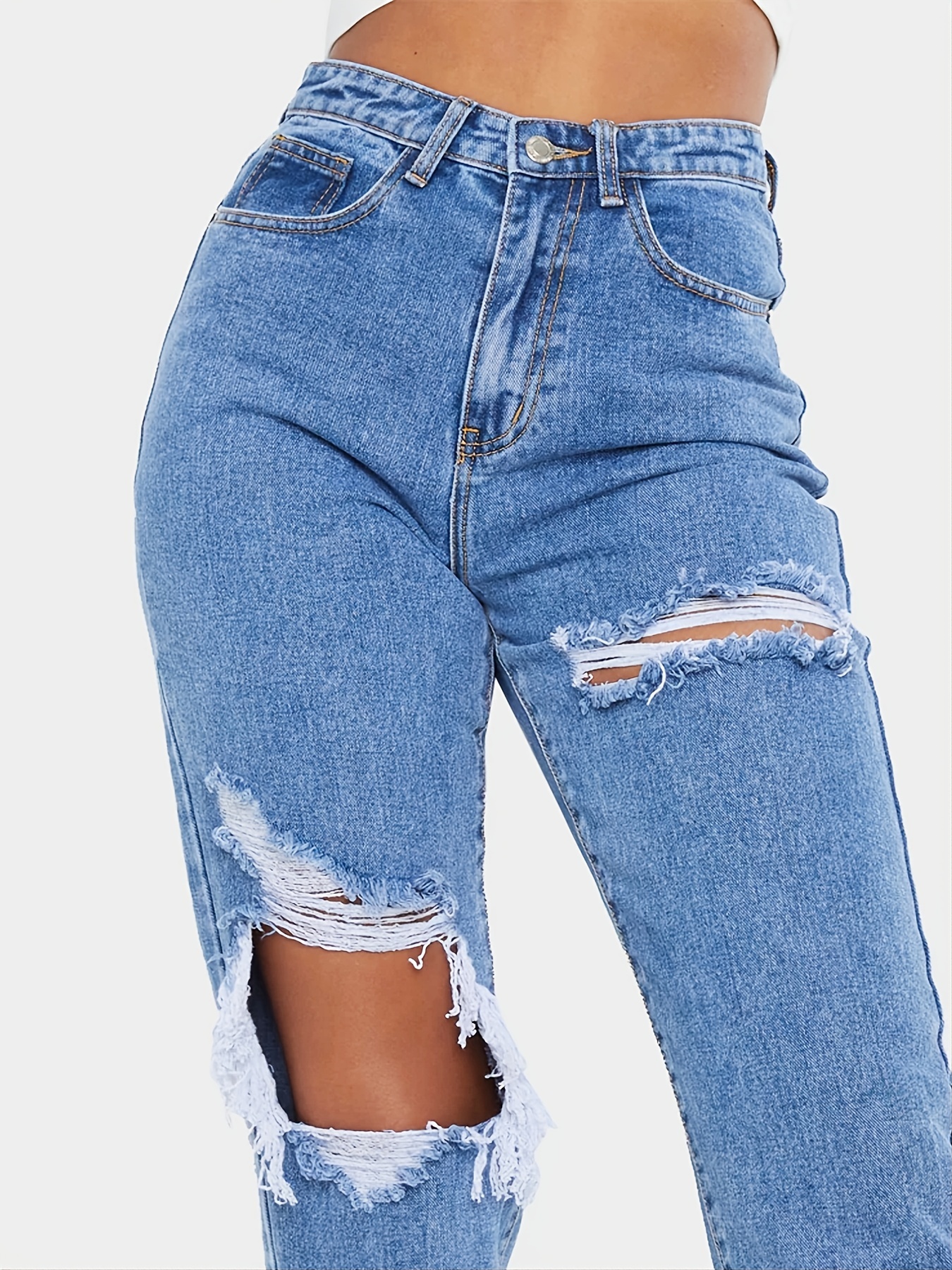 Blue Ripped Mom Jeans, pantalones de mezclilla de talle alto con cintura  alta y pierna recta con bolsillos oblicuos desgastados, jeans y ropa de  mujer