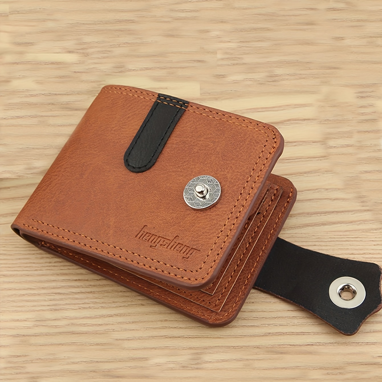 Leather Wallet for Men, Bifold Wallet with Snap Button Closure, Leather Purse for Him, Coin Wallet