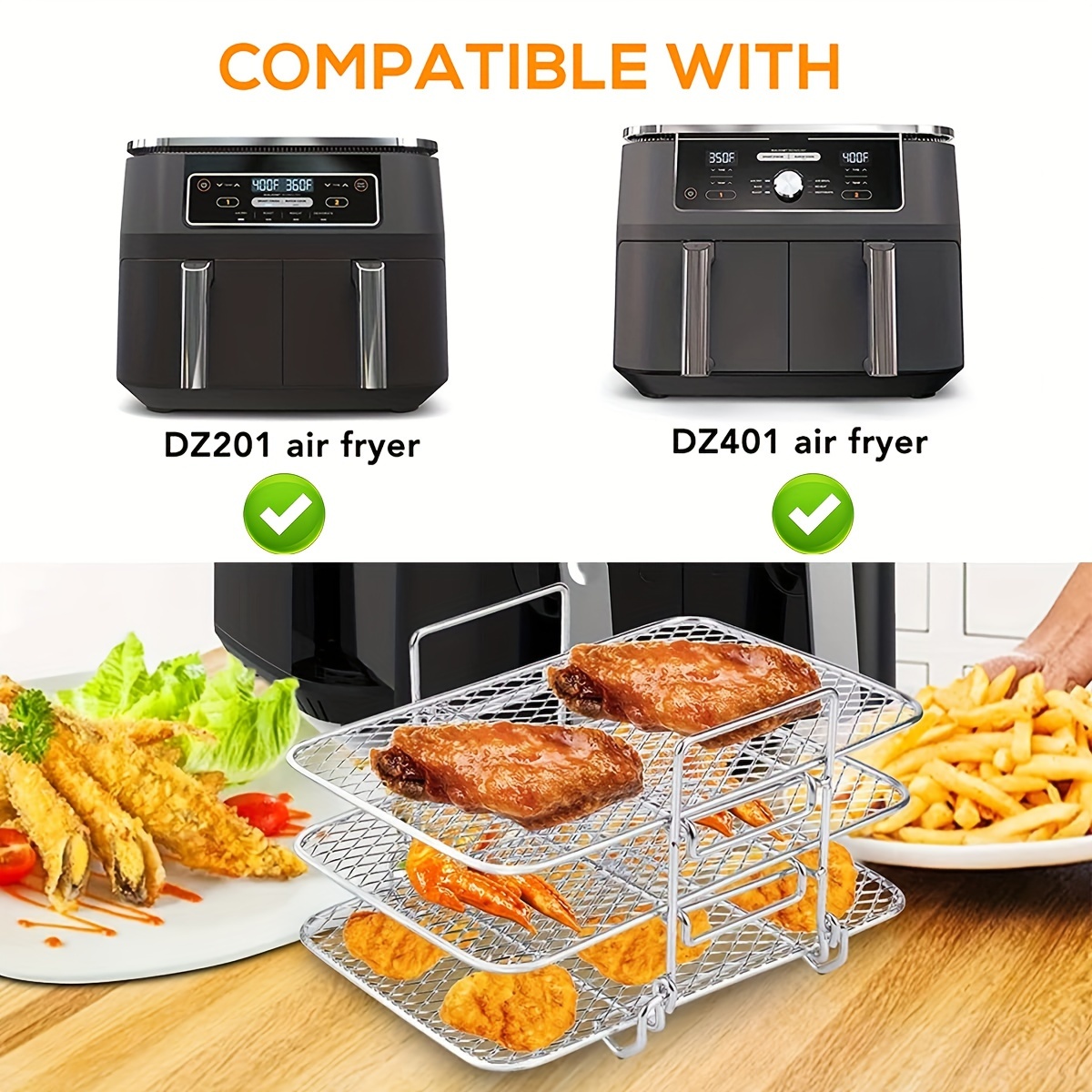 Air Fryer Three Stackable Dehydrator Racks 304 Stainless Steel Air Fryer Basket Tray Air Fryer Accessories Dishwasher Safe Fit for Oven and Press