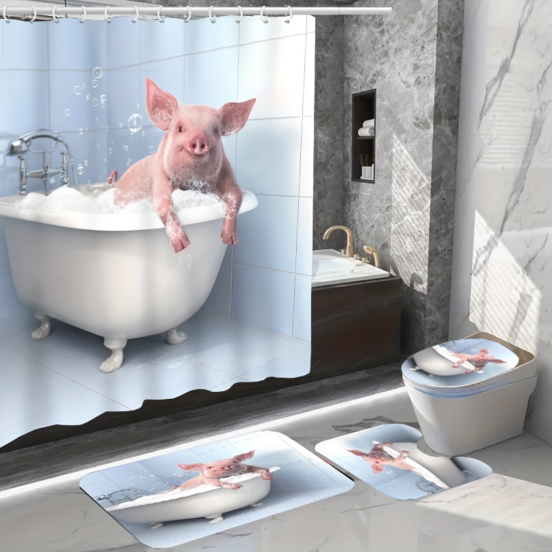 Cortina de ducha divertida de cerdo de granja para niños, bonito cerdo  rústico que está tomando baño, decoración de baño de granja, accesorios de
