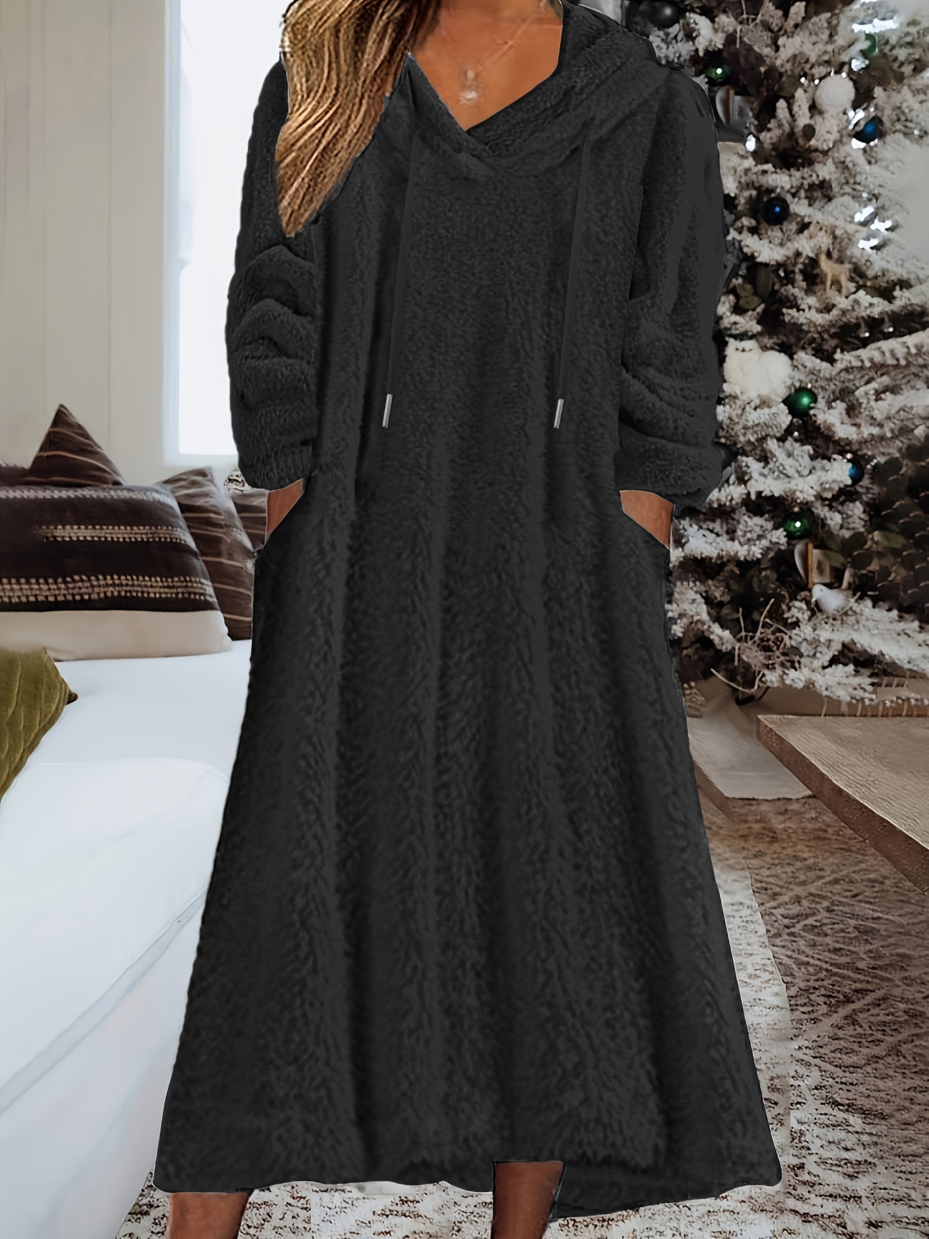 plus size casual dress womens plus solid fleece long sleeve drawstring hooded dress with pockets