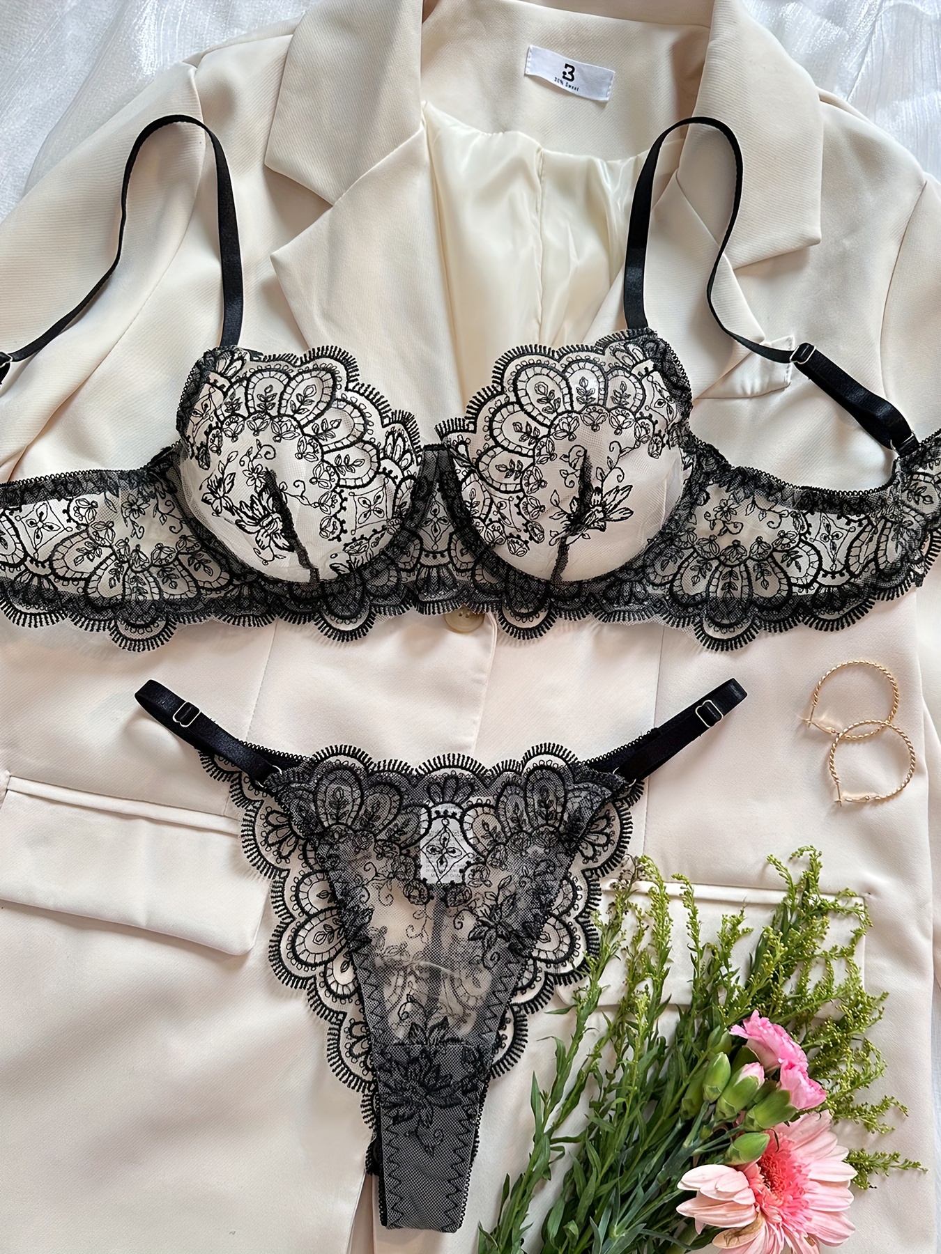 Plant Embroidery Lingerie Set, Mesh Unlined Bra & Thong, Women's Lingerie &  Underwear