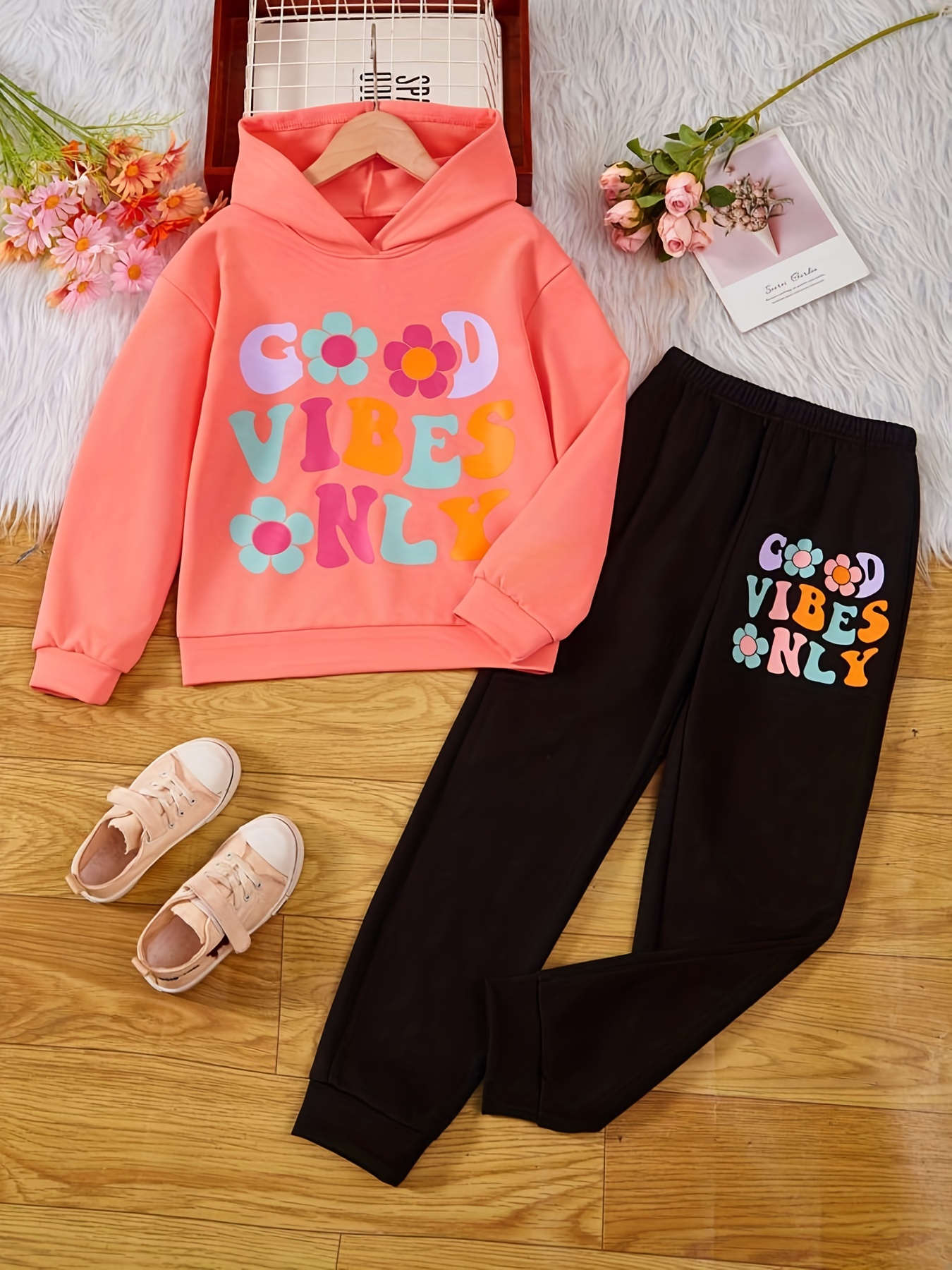 Girl's Color Clash Outfit Floral Pattern Hoodie Sweatpants - Temu