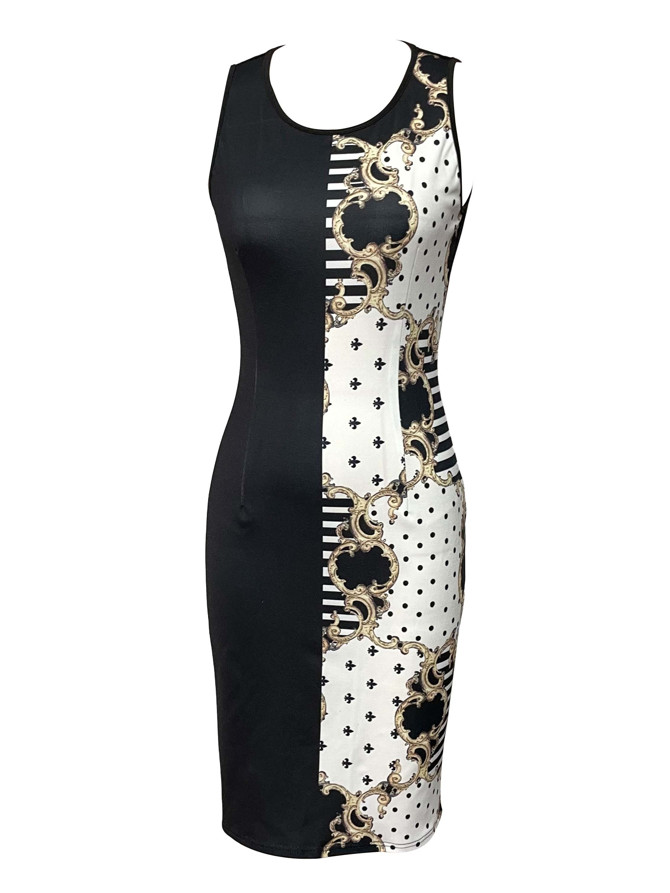 Graphic Print Splicing Dress, Elegant Crew Neck Sleeveless Pencil Dress,  Women's Clothing