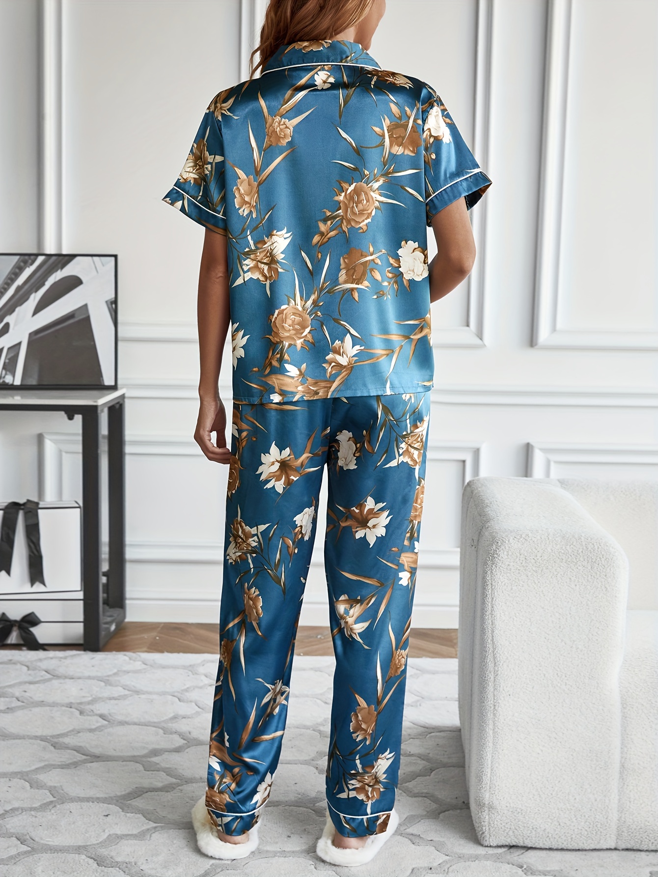 Elegant Satin Floral Print Pajamas Set Lightweight Button - Temu