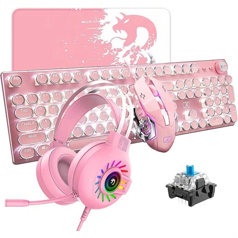 Ledeez Gamer Girl 4-in-1 LED Pink Gaming Set, Multi-Color LED Keyboard,  Mic, Headset + Mouse, and Mousepad 