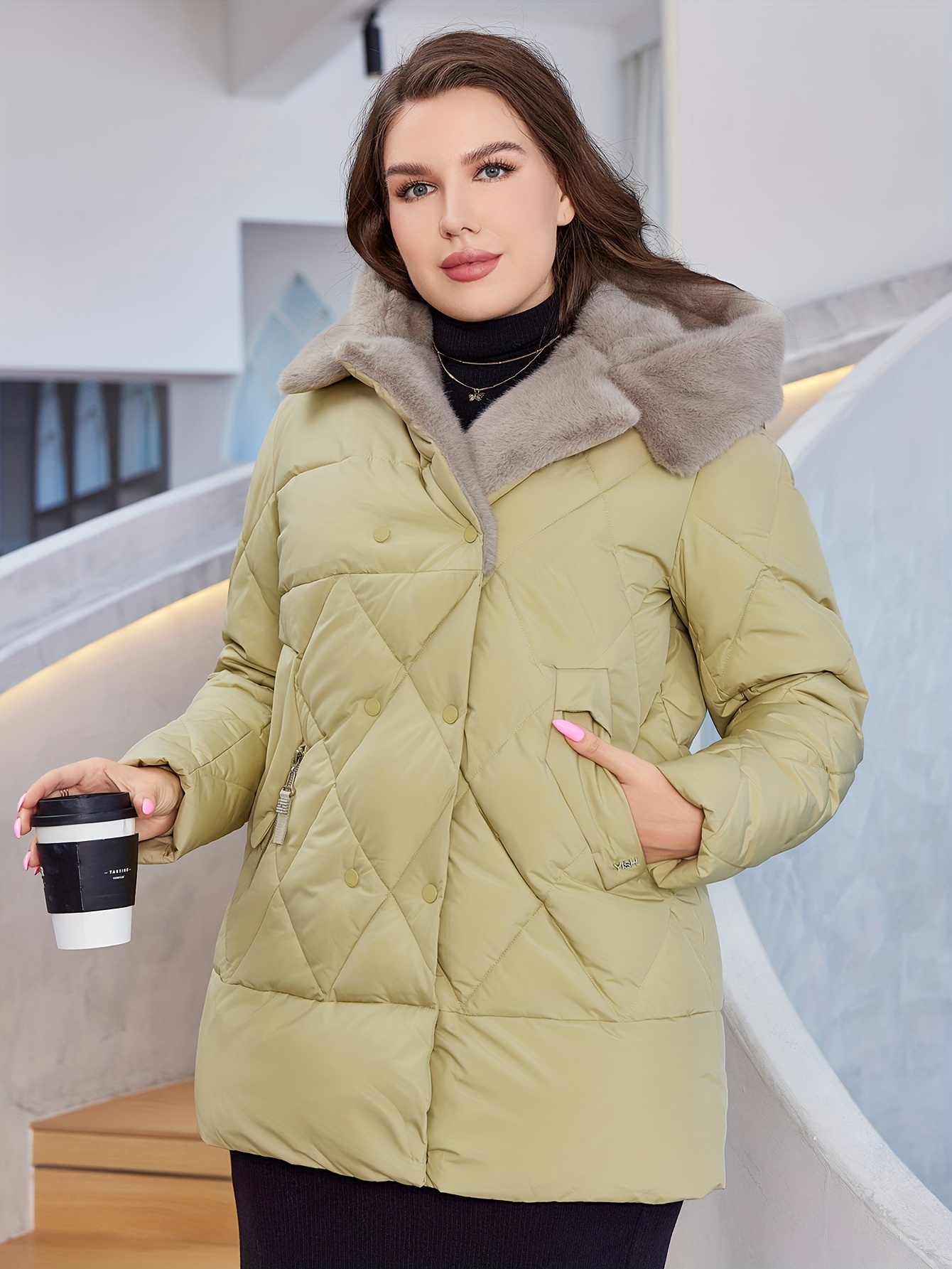 Plus Size Elegant Winter Coat Women's Plus Solid Quilted - Temu