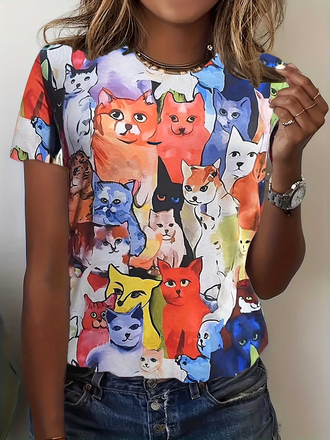 Cute Animal Print Crew Neck T shirt Casual Short Sleeve Top - Temu Canada