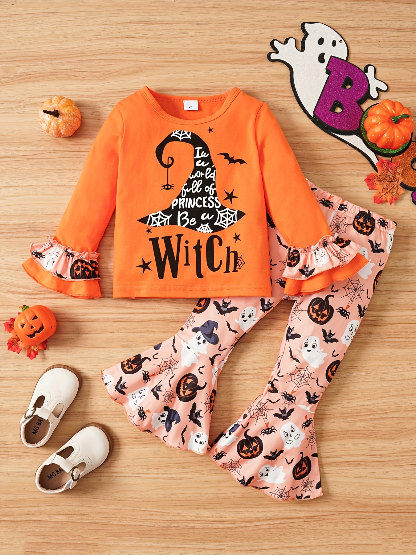 Halloween Girl Print Pullover + Pumpkin Graphic Flare Pants - Temu