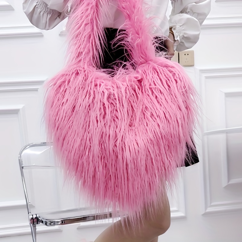 Pink Faux Fur Heart Crossbody Bag