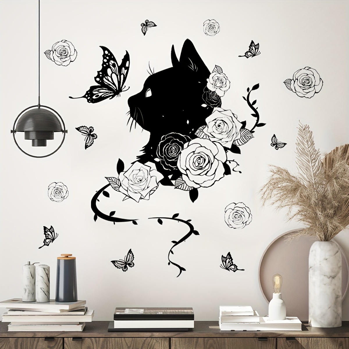 1 ensemble autocollant mural chat noir fleur papillon autocollant mural  fond mur décoration de la maison autocollant mural auto-adhésif, décoration  d'Halloween - Temu Belgium