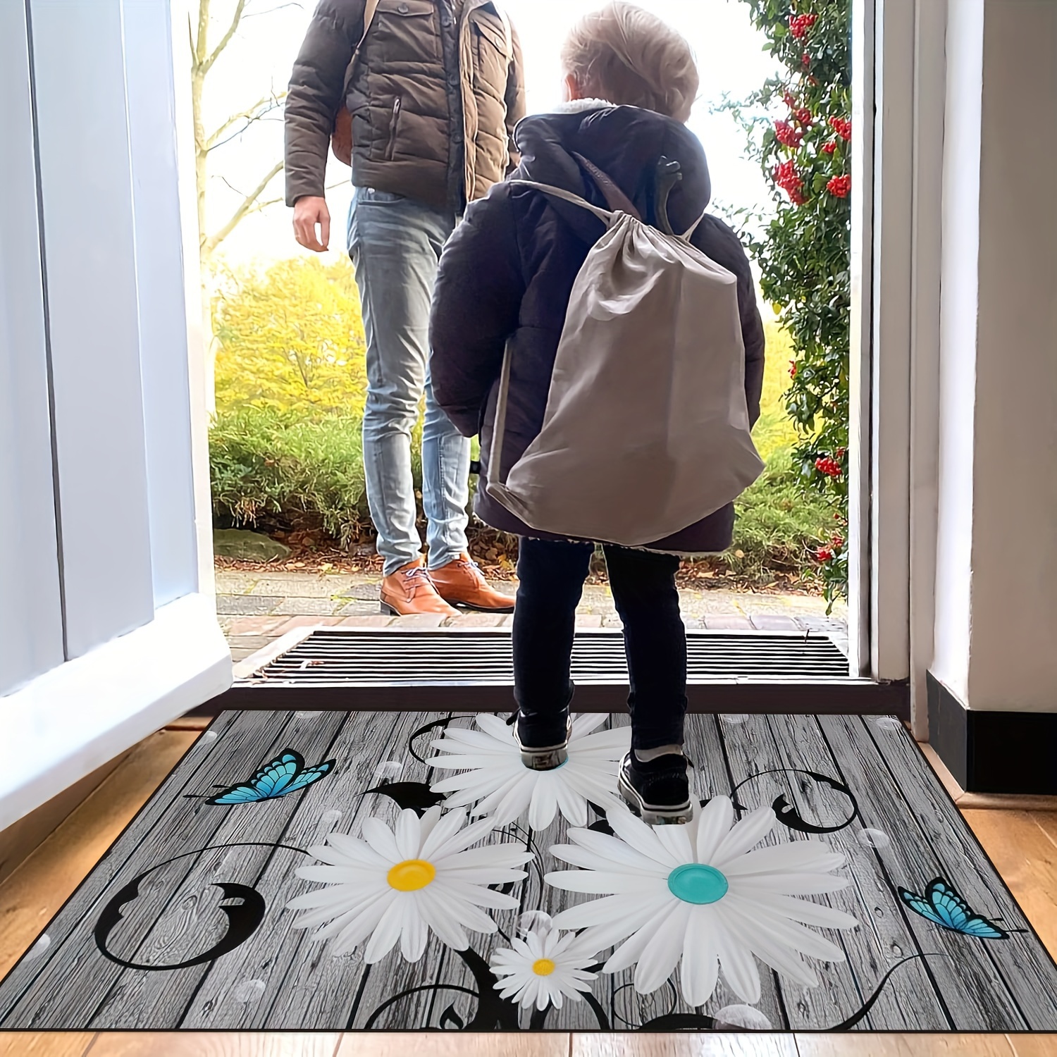 

1pc Chic Daisy Pattern Door Mat, Exquisite Butterfly Pattern Entrance Rug, Washable Throw Carpet, For Entryway Home Bedroom Accessories Photo Prop Outdoors Gift Spring Decor