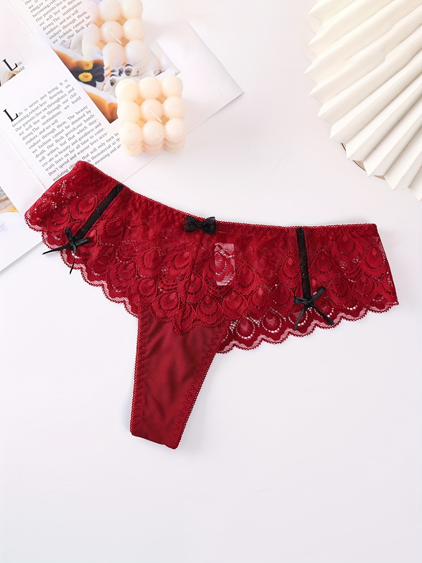 Valentine's day Sexy Thongs, Lace Trim Pom Pom Bow Decor Red Cute Intimates  Panties, Women's Lingerie & Underwear
