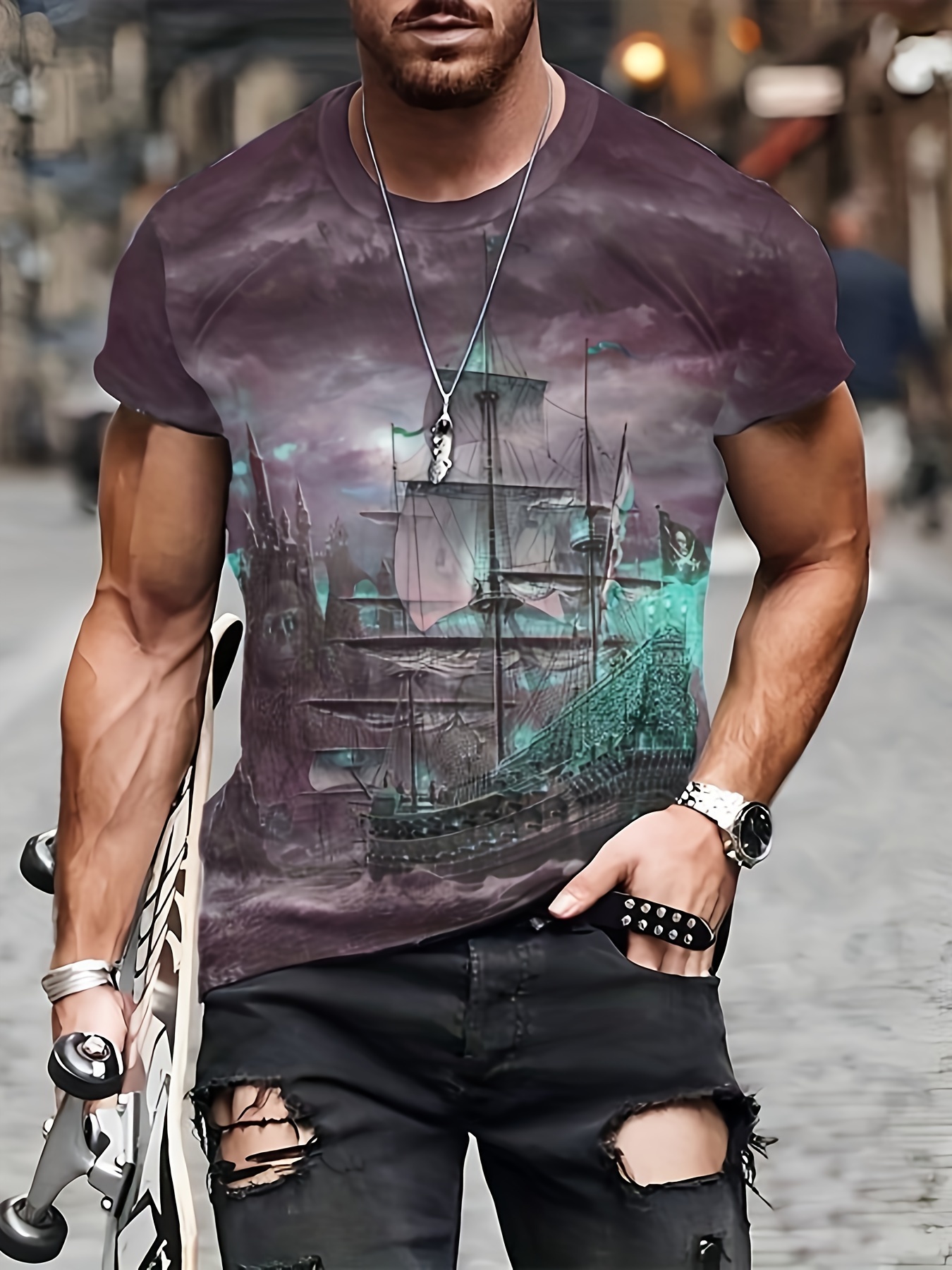 Tees For Men Galleon Sailing Ship Print T Shirt Casual Short - Temu Japan