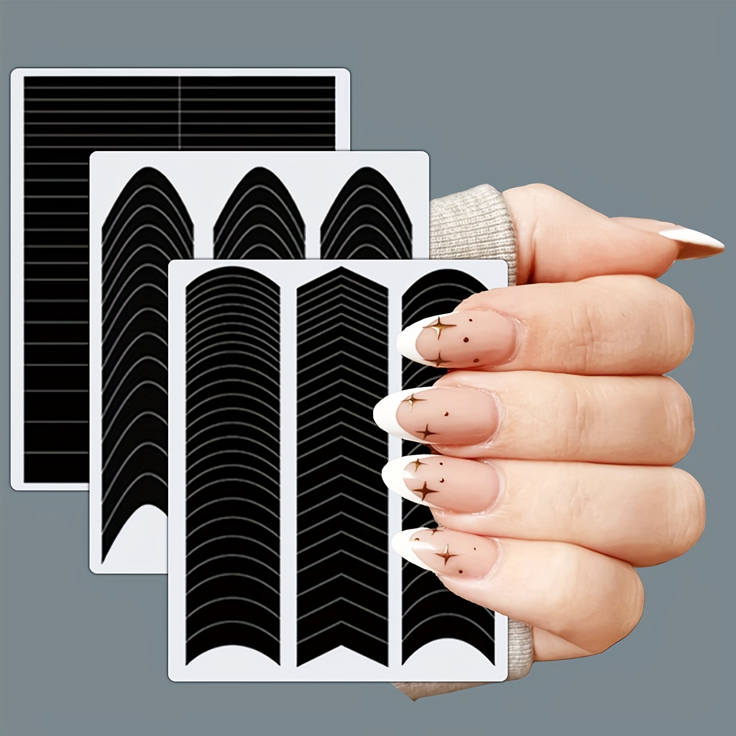 1422 Pcs French Tip Nail Guides, Self-Adhesive French Moon Shaped V-Shaped  Manicure Strip Stickers for Edge Auxiliary Black DIY Decoration Stencil