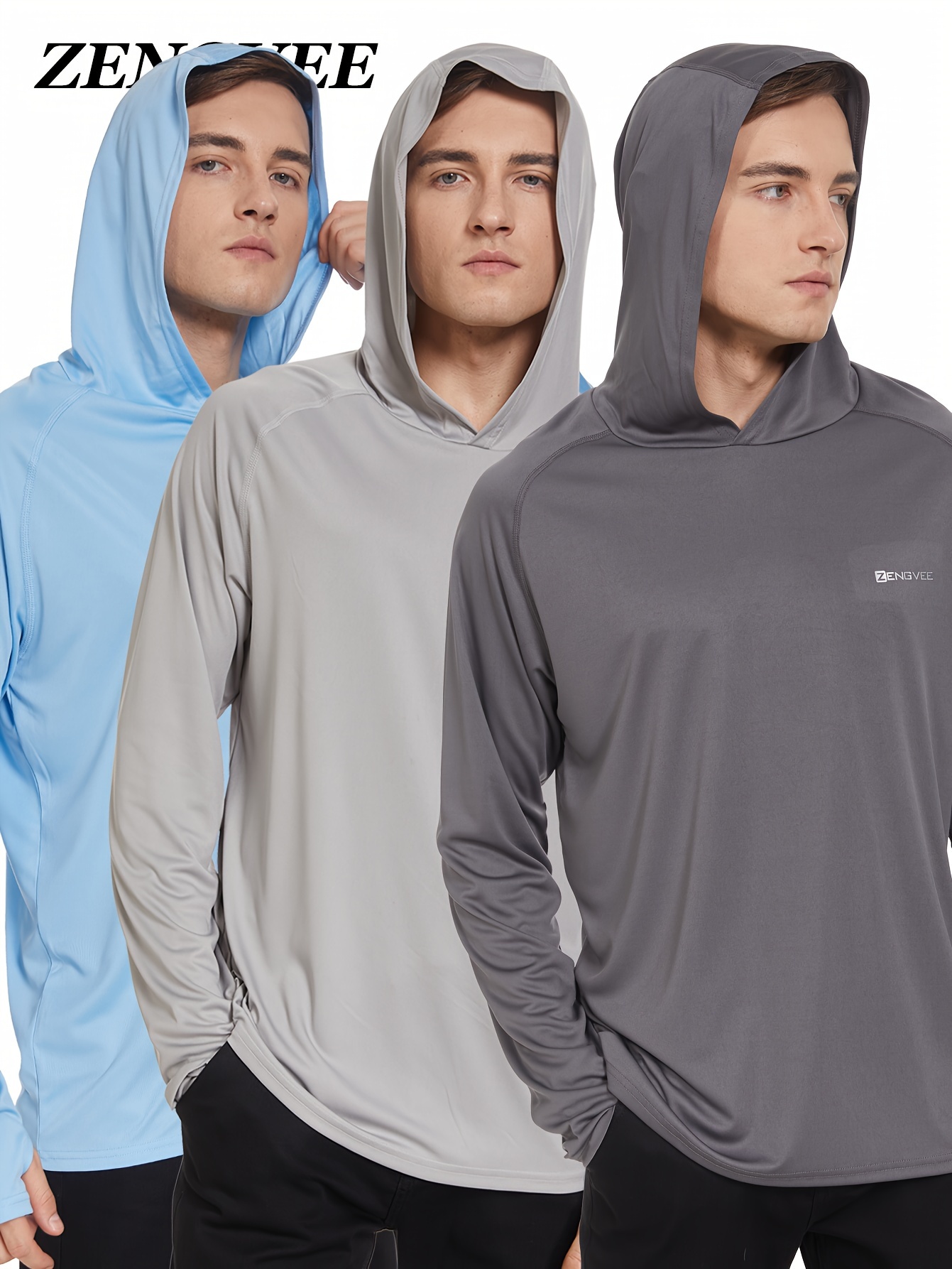 3 Pcs, Men's UPF 50+ Sun Protection Hoodie, Long Sleeve Comfy Quick Dry Hooded Tops for Men's Outdoor Fishing Activities,Temu