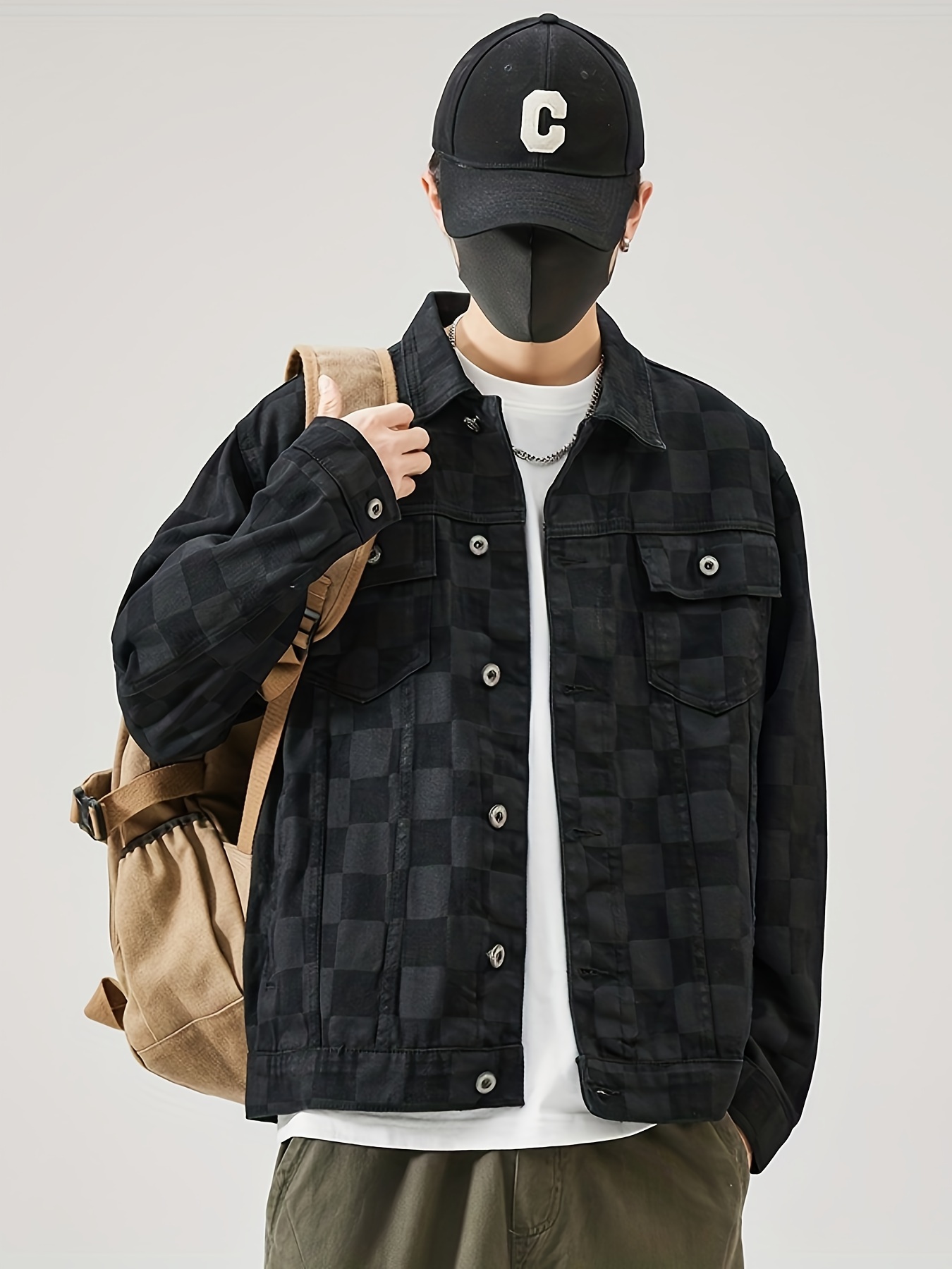 Men's Stylish Checkered Pattern Comfy Denim Jacket Pockets - Temu