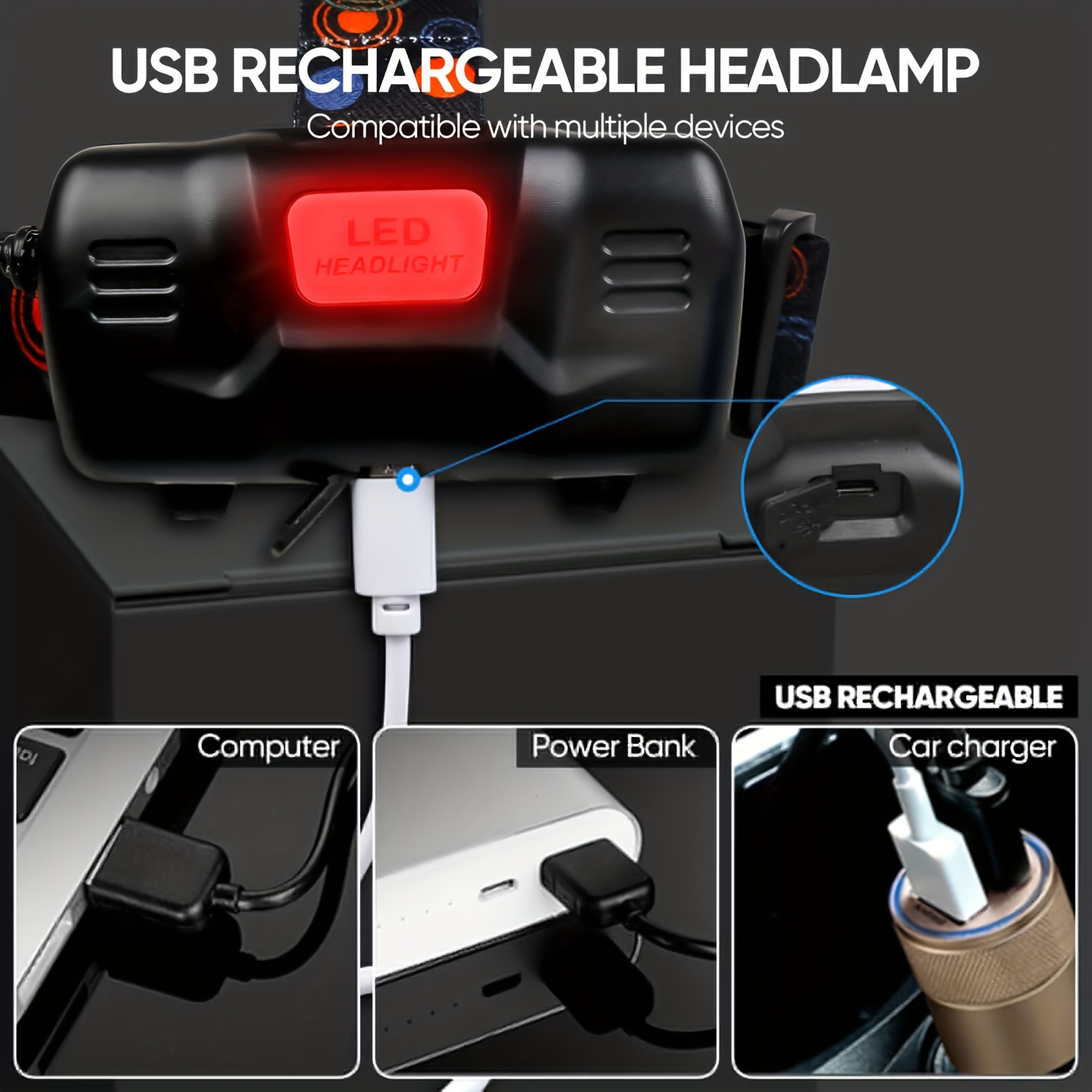 Usb Rechargeable Headlamp Portable 5led Headlight Built In - Temu