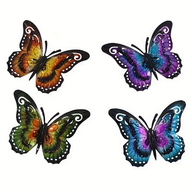 

4pcs, Metal Butterflies Fence Yard Art Garden Decor, 7" Butterfly For Outdoor Patio Backyard Balcony Tree Sculpture, Dual-wings Colorful Butterflies, Garden Decor, Home Decor, Yard Decor