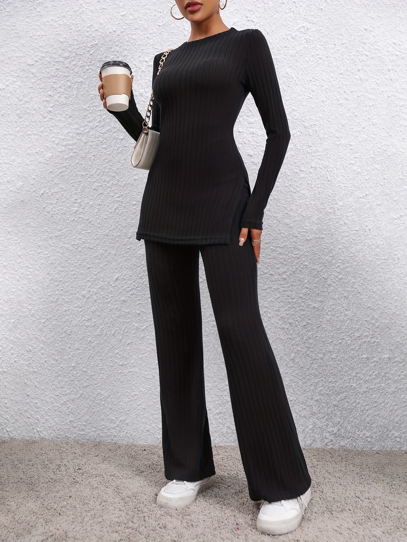 Casual Solid Ribbed Two piece Set Long Sleeve Mock Neck Side - Temu