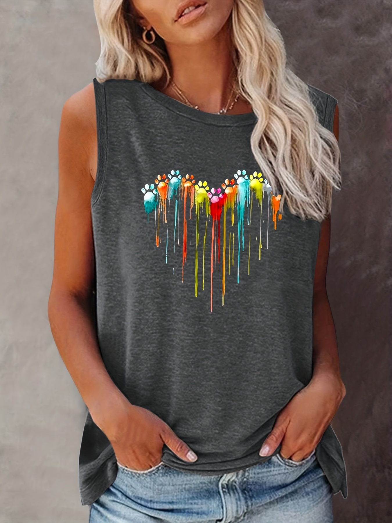 Colorful Paw Print Crew Neck Tank Top Casual Sleeveless Top - Temu