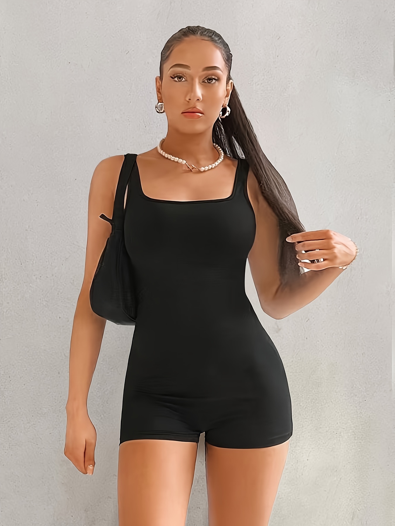 Solid Square Neck Romper Casual Sleeveless Skinny Jumpsuit - Temu New  Zealand