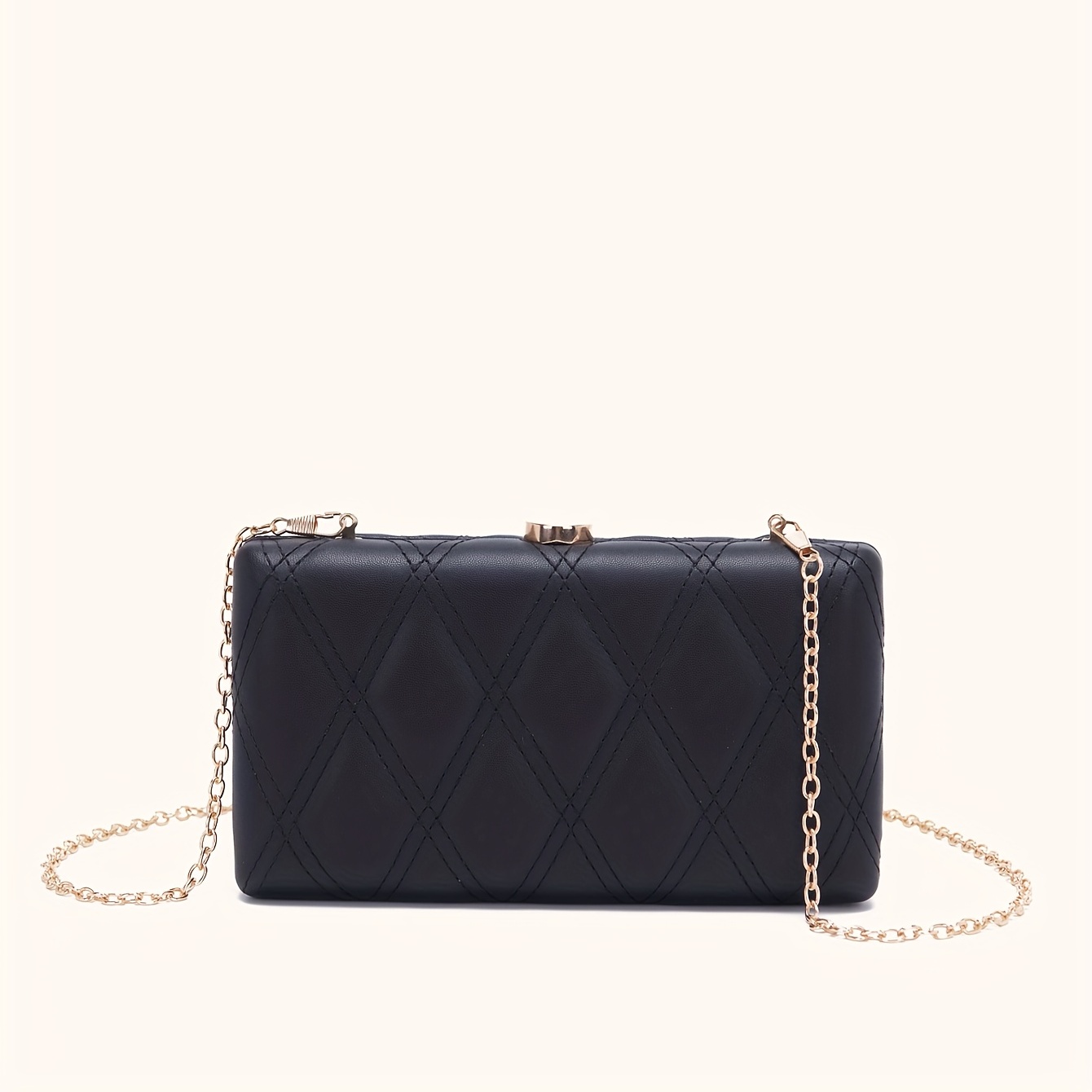 Quilted Metal Chain Frame Crossbody Bag Pu Leather Square Kiss