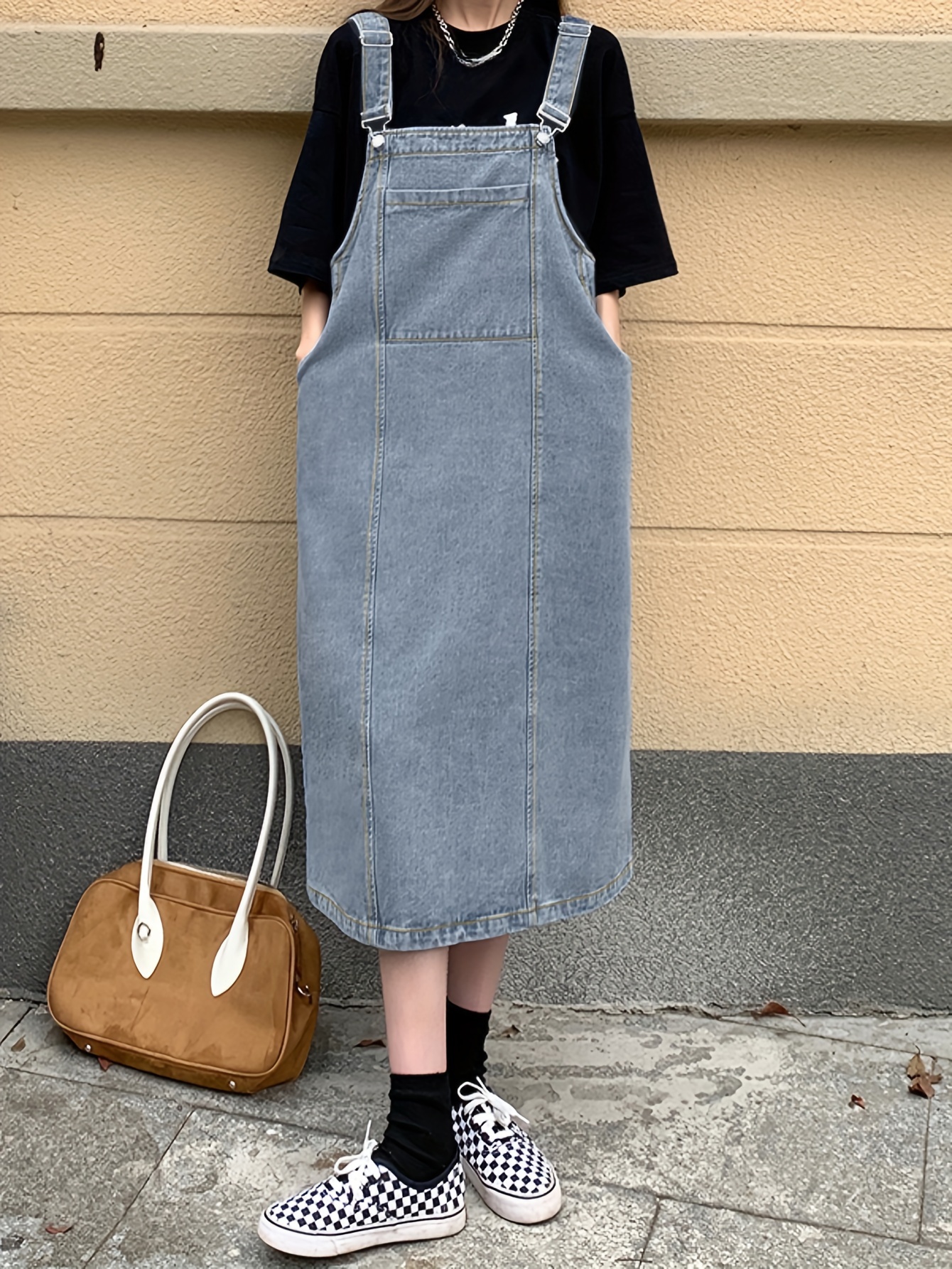 Solid Color Split Back Denim Overall Dress Wide Strap Loose - Temu