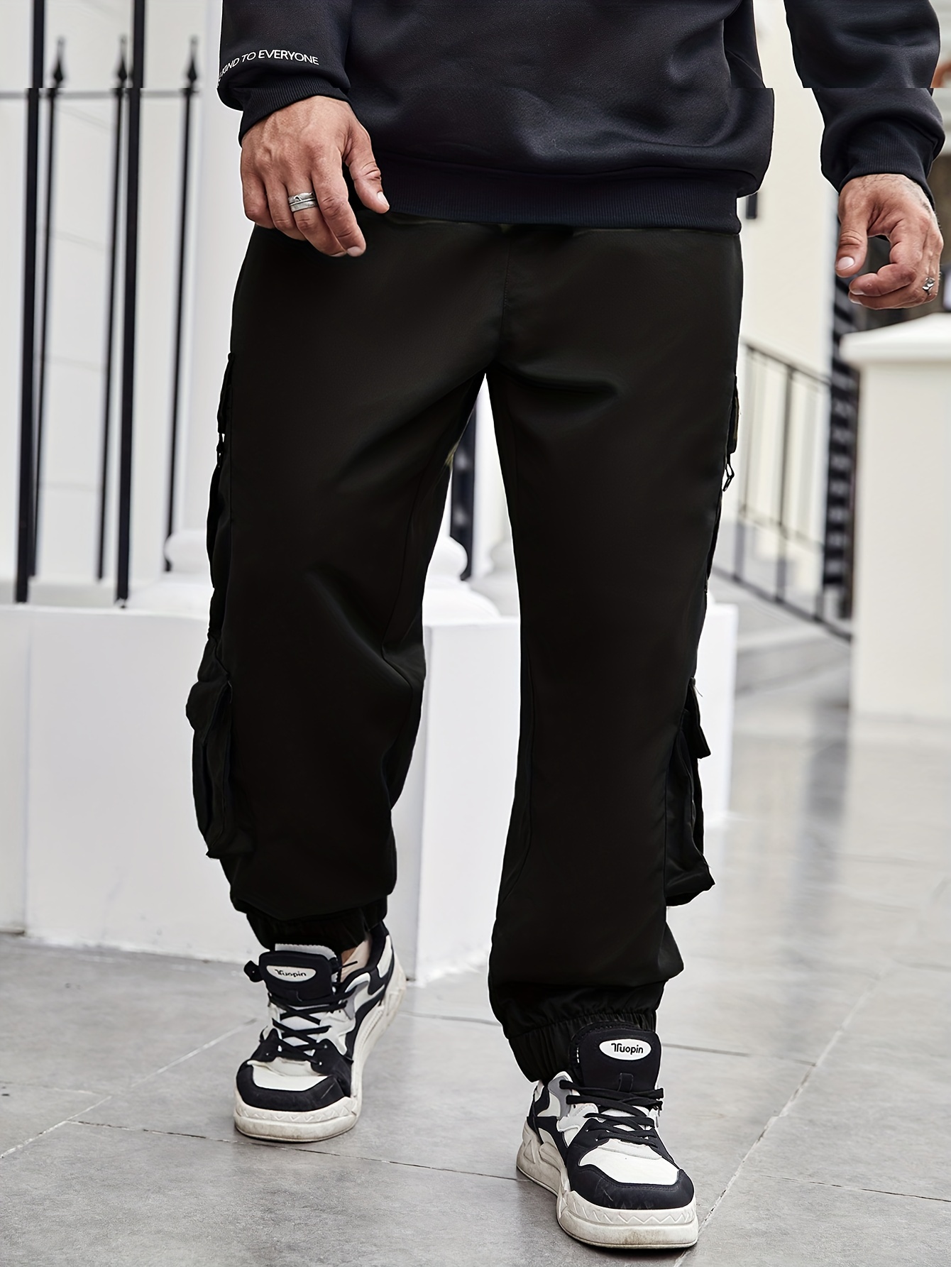 Plus Size Men's Solid Cargo Pants Oversized Fashion Street Style Pants With  Pockets For Spring Fall, Men's Clothing