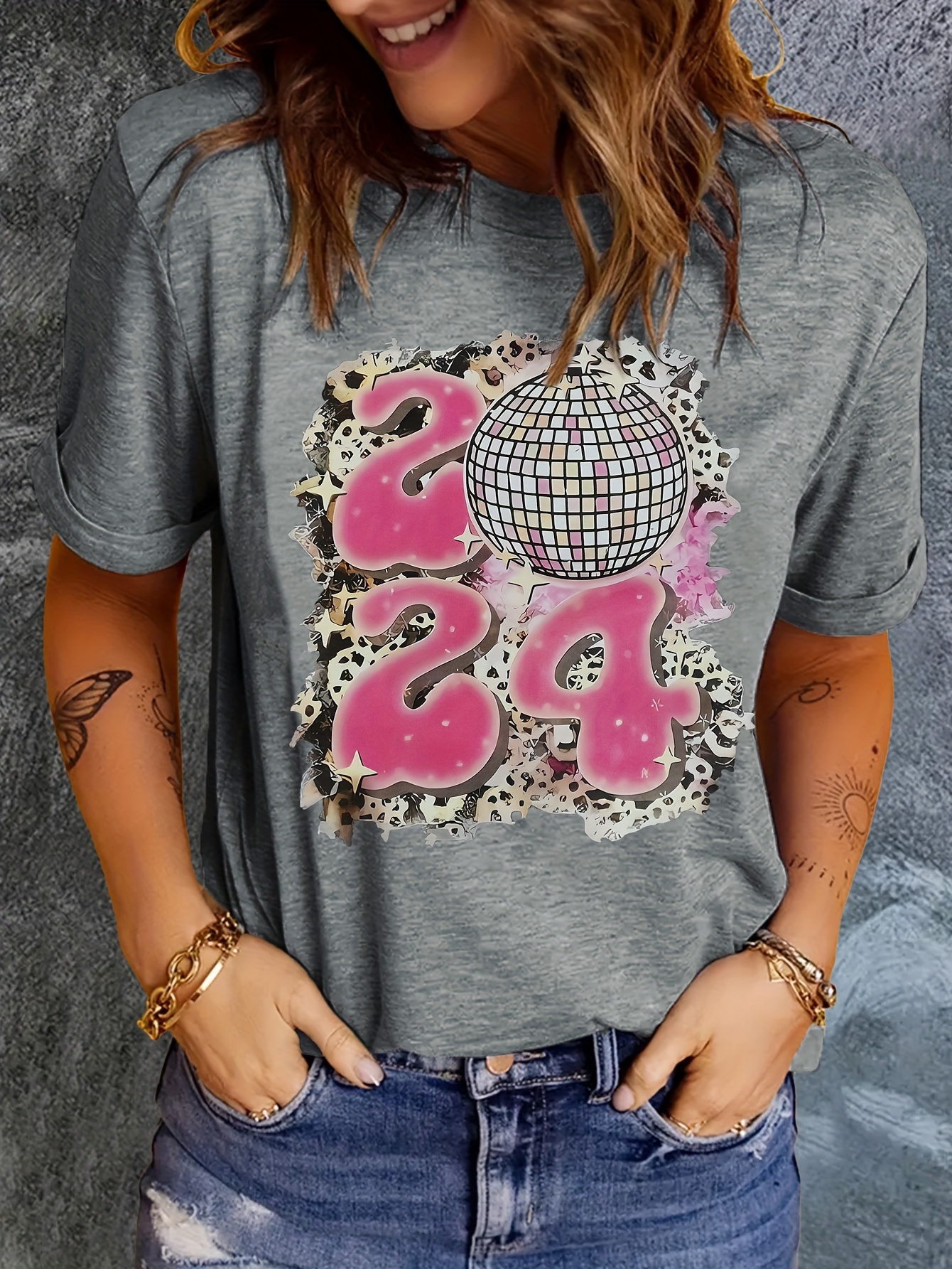 2024 & Disco Ball Print T-shirt, Casual Short Sleeve Crew Neck Top For  Spring & Summer, Women's Clothing