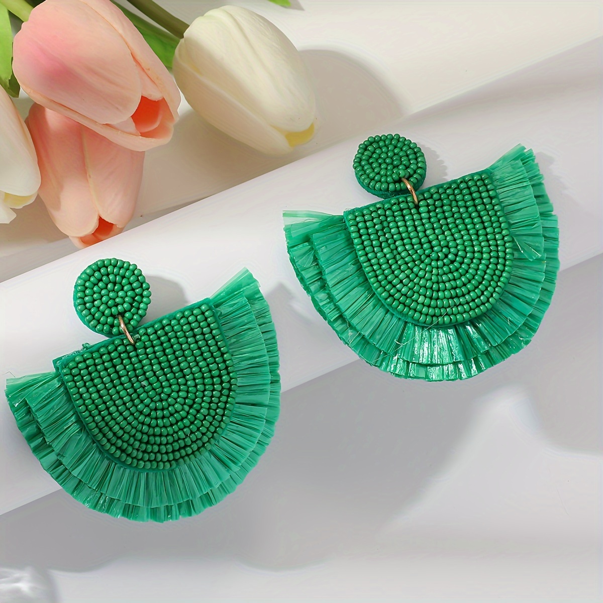 

1 Pair Of Boho Style Dangle Earrings Raffia Fan Design Pick A Color U Prefer Match Daily Outfits Party Accessories Summer Vacation Jewelry