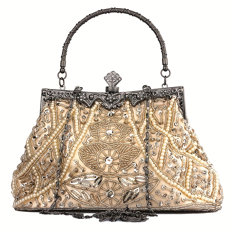Beaded Sequin Evening Bag, Elegant Top Ring Handbag, Women's