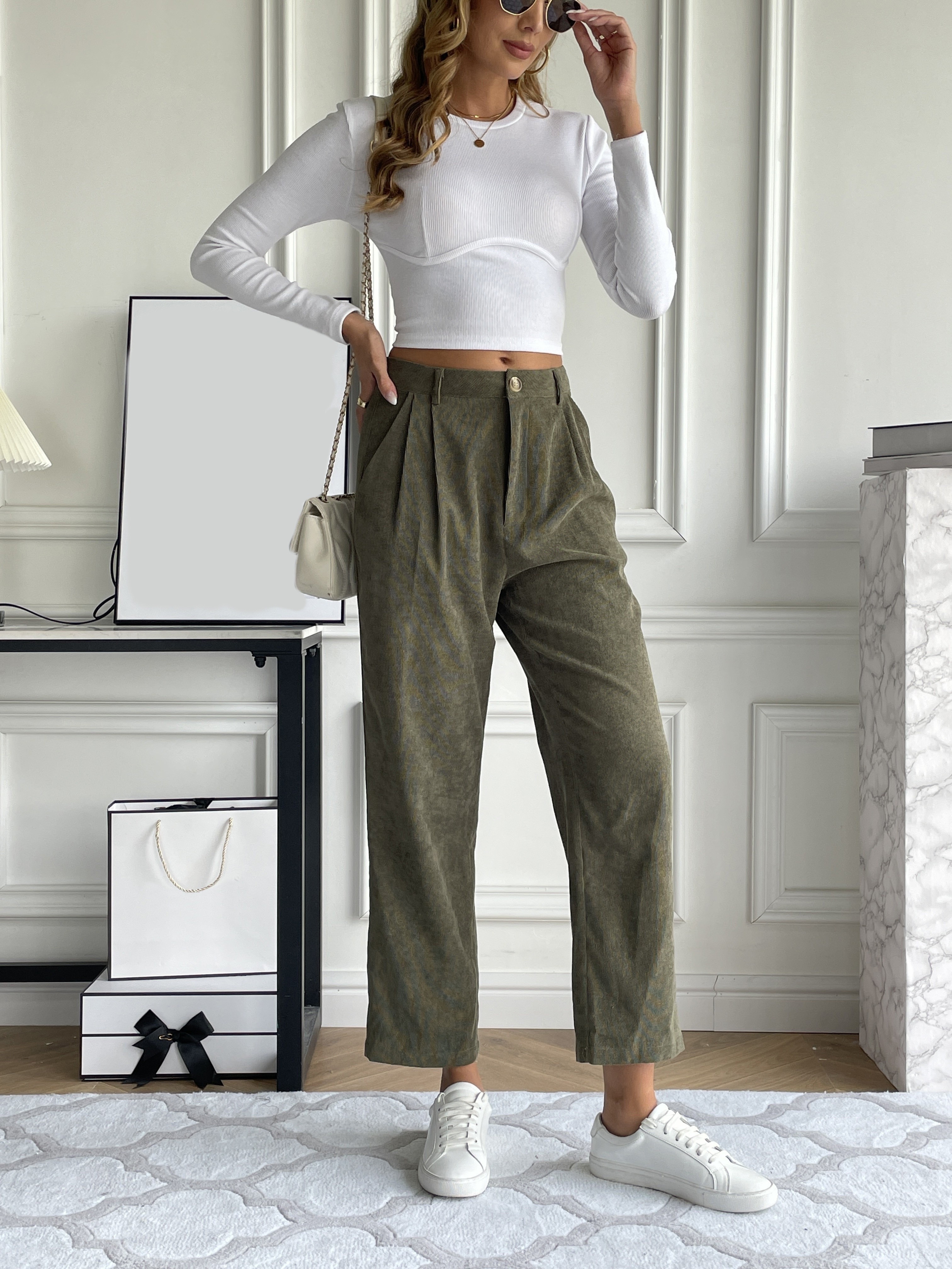 Loose Straight Stretch Pants Casual High Waist Solid Wide - Temu