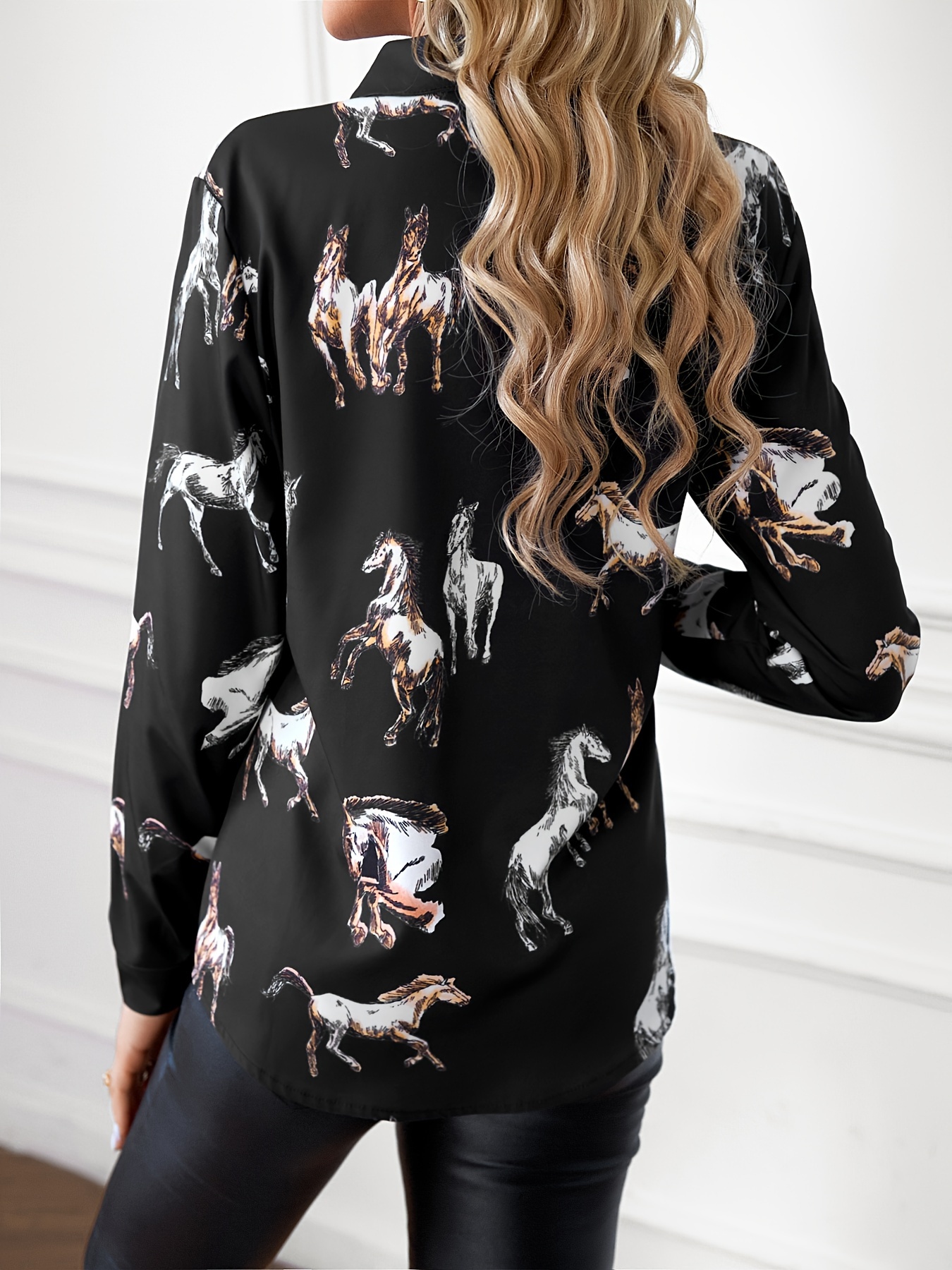 Horses Print Single Button Shirt, Vintage Long Sleeve Shirt For