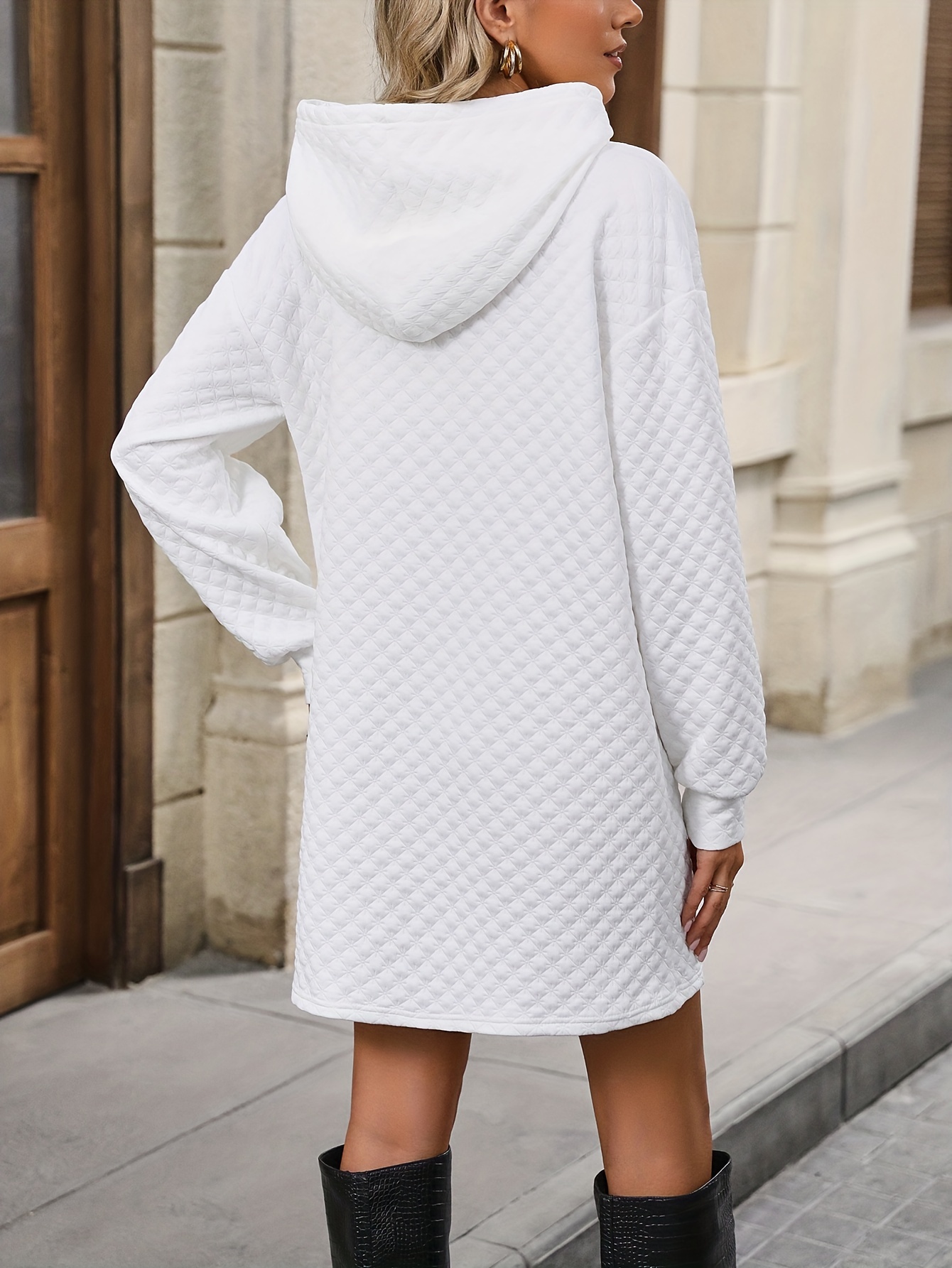 Solid Textured Drawstring Dress, Elegant Long Sleeve Hooded Dress, Women's  Clothing