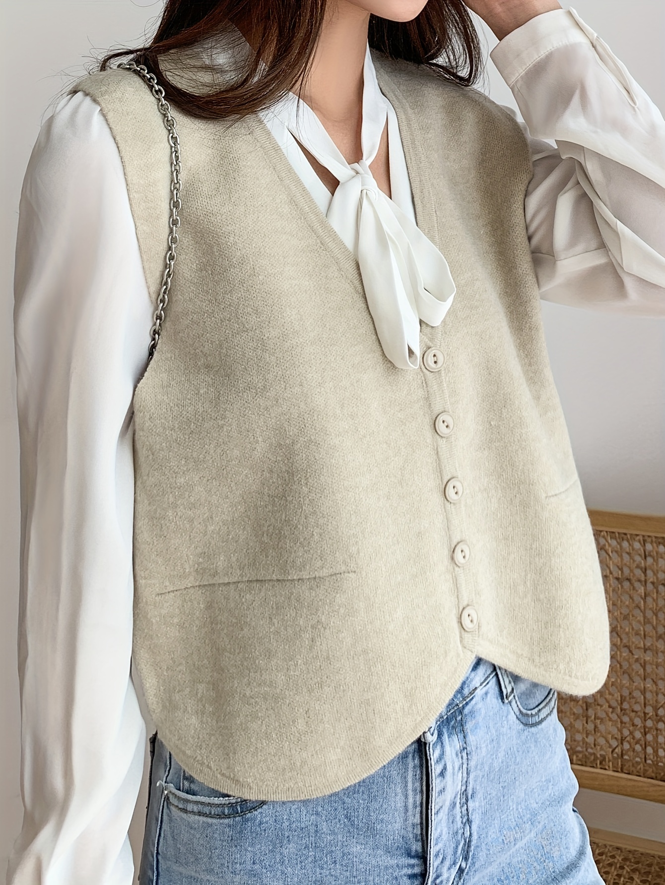 Solid Button Knit Vest Elegant V Neck Sleeveless Loose - Temu Germany