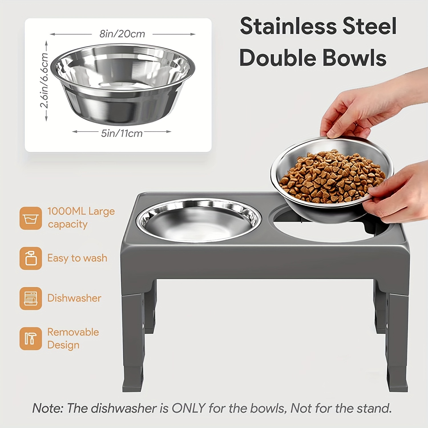 Elevated Dog Food Water Bowls 2 Stainless Steel Bowls, 3 Adjustable  Heights-Gray
