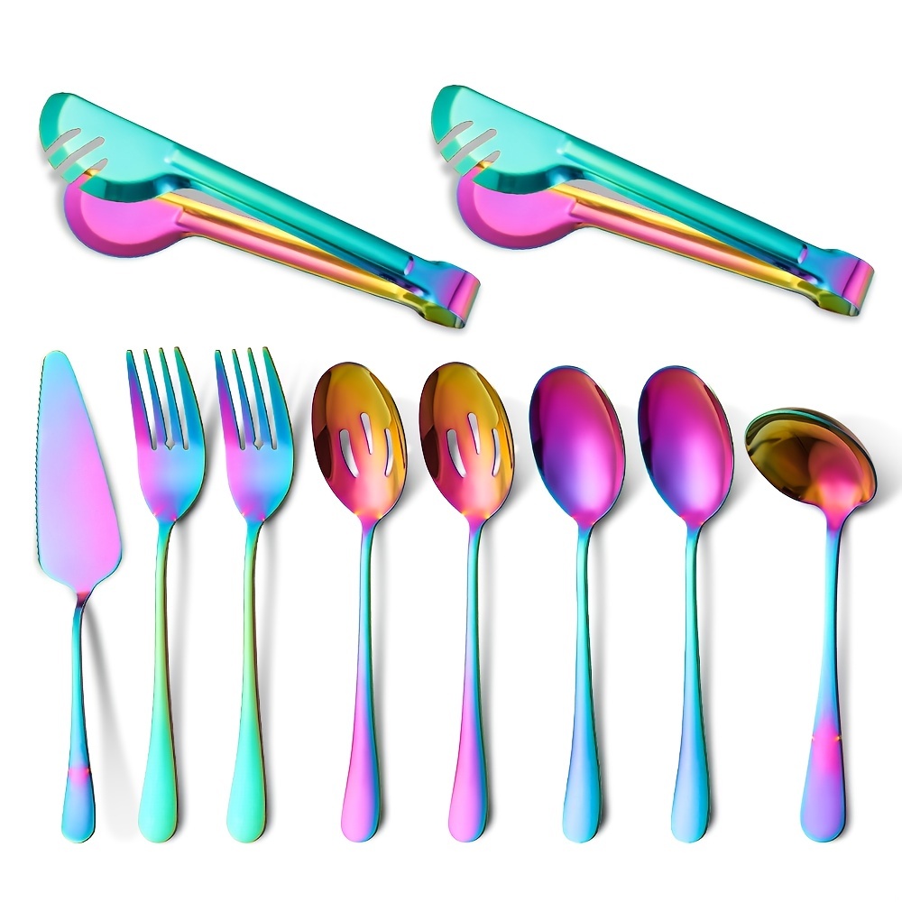 Frcolor Stainless Steel Salad Tong Serving Spoon Fork (Silver), Multicolor